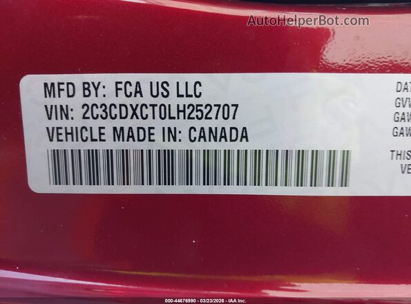 2C3CDXCT0LH252707 2020 DODGE CHARGER Red Engine compartment view