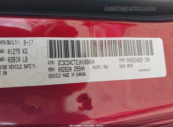 2C3CDXCT2JH169034 2018 DODGE CHARGER Red 