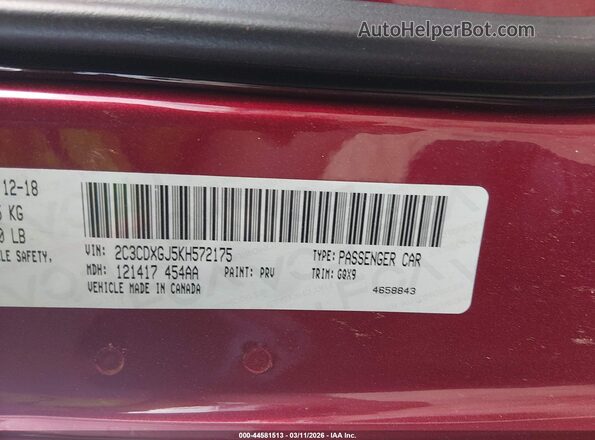 2C3CDXGJ5KH572175 2019 DODGE CHARGER Красный 