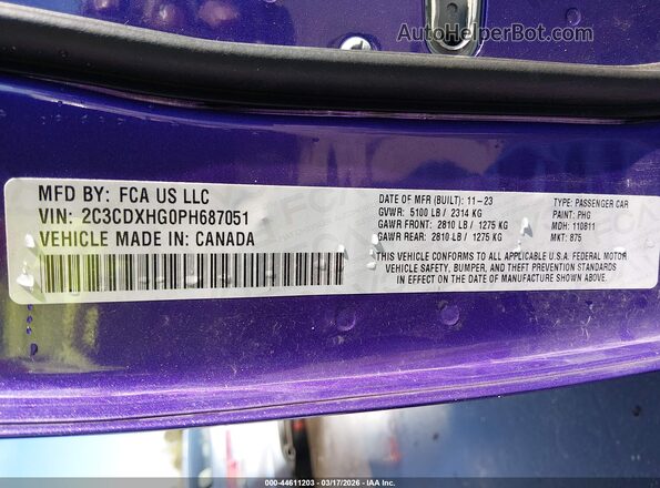 2C3CDXHG0PH687051 2023 DODGE CHARGER Purple Շարժիչի բաժամունքի տեսք