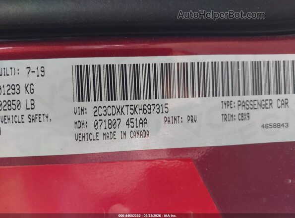 2C3CDXKT5KH697315 2019 DODGE CHARGER Burgundy Vista del compartimento del motor