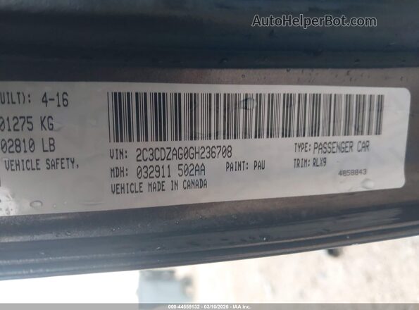 2C3CDZAG0GH236708 2016 DODGE CHALLENGER Gray Շարժիչի բաժամունքի տեսք