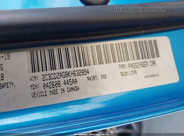 2C3CDZAG8KH632894 2019 DODGE CHALLENGER Синий Вид подкапотного пространства