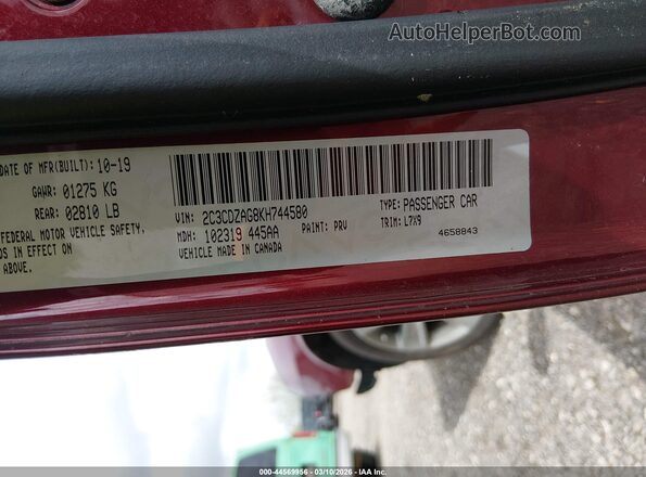 2C3CDZAG8KH744580 2019 DODGE CHALLENGER Burgundy Engine compartment view