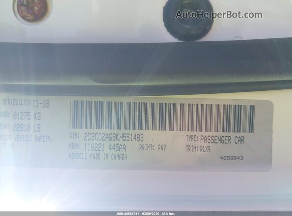 2C3CDZAG9KH551483 2019 DODGE CHALLENGER White Vista del compartimento del motor