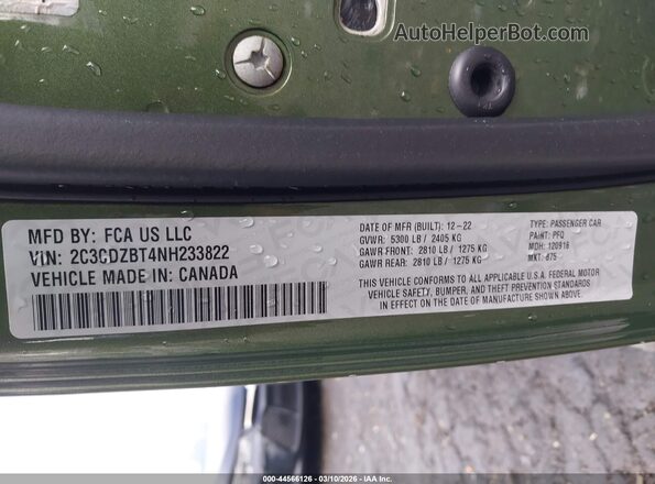 2C3CDZBT4NH233822 2022 DODGE CHALLENGER Green ძრავის განყოფილების ხედი