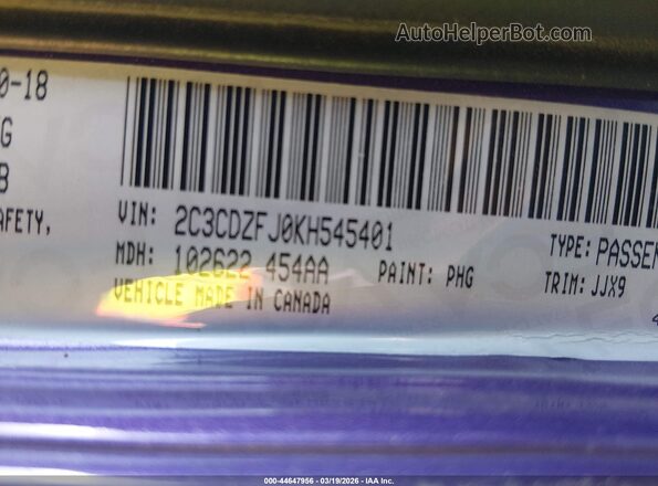 2C3CDZFJ0KH545401 2019 DODGE CHALLENGER Purple Вид підкапотного простору