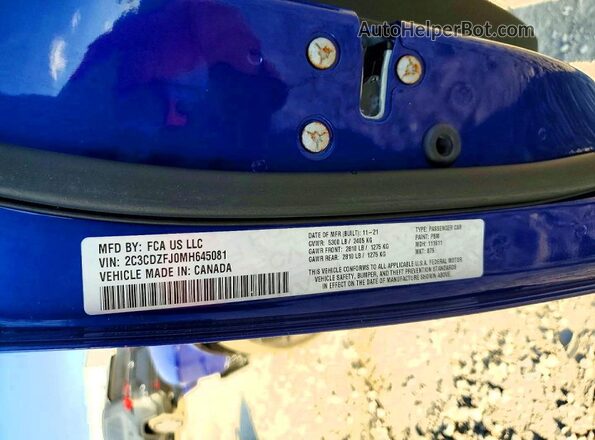 2C3CDZFJ0MH645081 2021 DODGE CHALLENGER Blue Vista de la etiqueta del VIN