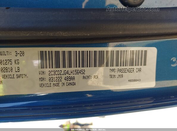 2C3CDZJG4LH156452 2020 DODGE CHALLENGER Blue Widok komory silnika