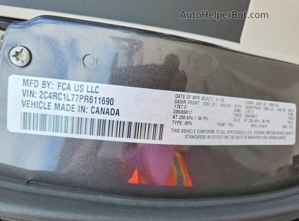 2C4RC1L77PR611690 2023 CHRYSLER PACIFICA Gray Widok naklejki z numerem VIN