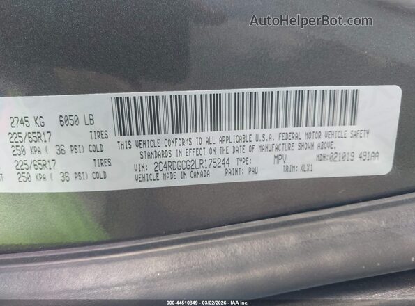 2C4RDGCG2LR175244 2020 DODGE GRAND CARAVAN Серый 