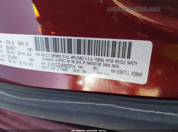 2C4RDGCG3KR659714 2019 DODGE GRAND CARAVAN Red Вид підкапотного простору