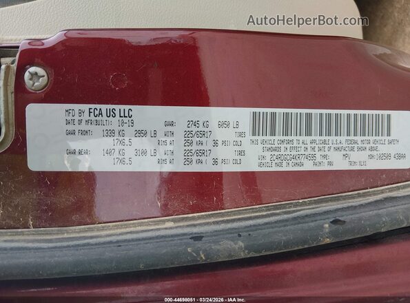 2C4RDGCG4KR774595 2019 DODGE GRAND CARAVAN Red Вид підкапотного простору