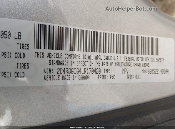 2C4RDGCG4LR170420 2020 DODGE GRAND CARAVAN Silver Engine compartment view