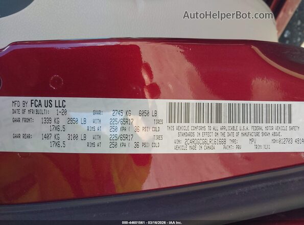 2C4RDGCG6LR161668 2020 DODGE GRAND CARAVAN Red Вид підкапотного простору