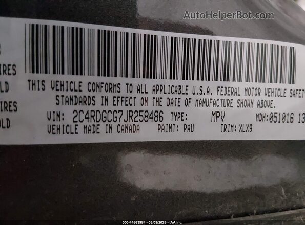 2C4RDGCG7JR258486 2018 DODGE GRAND CARAVAN Gray Շարժիչի բաժամունքի տեսք