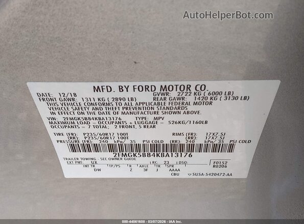 2FMGK5B84KBA13176 2019 FORD FLEX Silver 