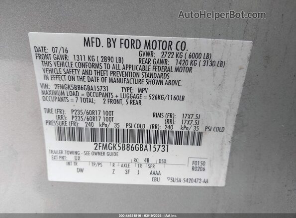 2FMGK5B86GBA15731 2016 FORD FLEX Gray Engine compartment view