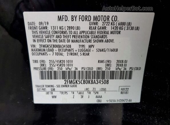 2FMGK5C80KBA34508 2019 FORD FLEX Black VIN კოდის სტიკერის ხედი