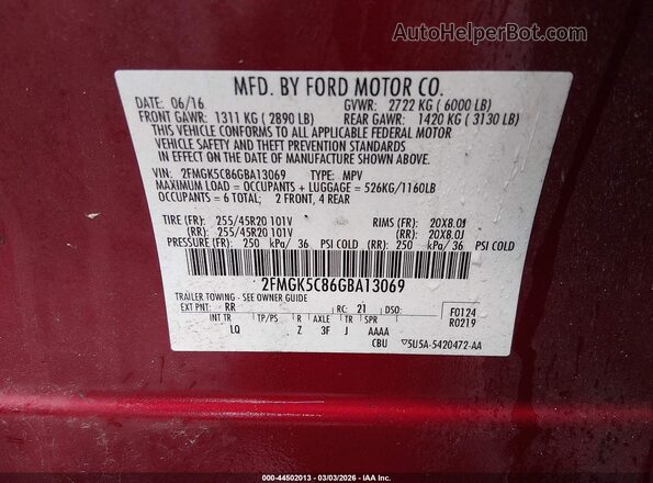 2FMGK5C86GBA13069 2016 FORD FLEX Red Вид підкапотного простору