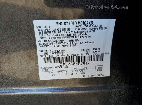 2FMGK5C86KBA39115 2019 FORD FLEX Gray 
