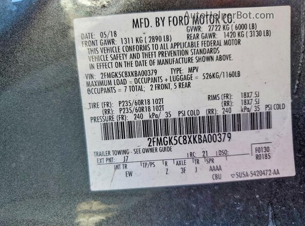 2FMGK5C8XKBA00379 2019 FORD FLEX Gray 
