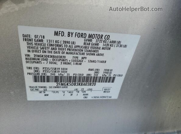 2FMGK5D83KBA03820 2019 FORD FLEX Silver 
