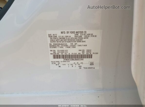 2FMGK5D86JBA05544 2018 FORD FLEX White ძრავის განყოფილების ხედი