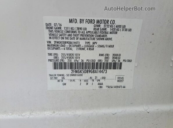 2FMGK5D89GBA14473 2016 FORD FLEX White Вид наклейки з VIN-кодом