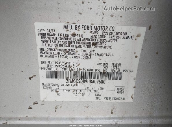 2FMGK5D89HBA09680 2017 FORD FLEX Silver Vista del compartimento del motor