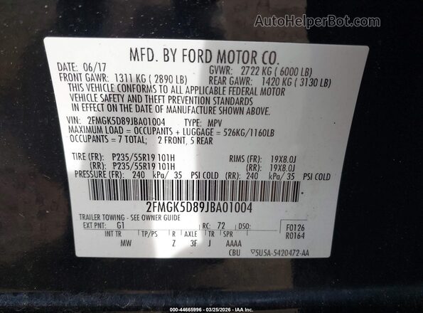 2FMGK5D89JBA01004 2018 FORD FLEX Black ძრავის განყოფილების ხედი