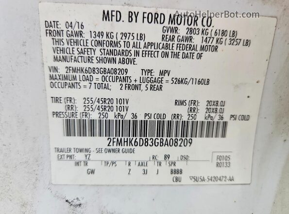 2FMHK6D83GBA08209 2016 FORD FLEX White Widok naklejki z numerem VIN