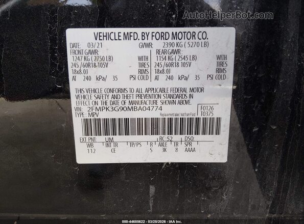 2FMPK3G90MBA04774 2021 FORD EDGE Black ძრავის განყოფილების ხედი