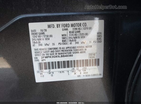 2FMPK3G93LBB40380 2020 FORD EDGE Gray Engine compartment view