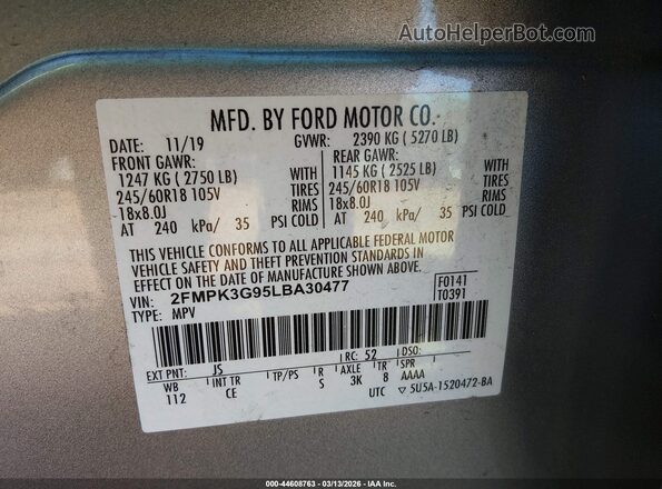 2FMPK3G95LBA30477 2020 FORD EDGE Silver Շարժիչի բաժամունքի տեսք