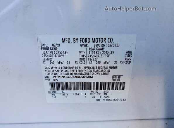 2FMPK3G95MBA51282 2021 FORD EDGE White Widok naklejki z numerem VIN