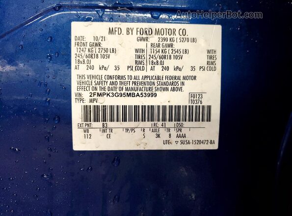 2FMPK3G95MBA53999 2021 FORD EDGE Blue Вид підкапотного простору