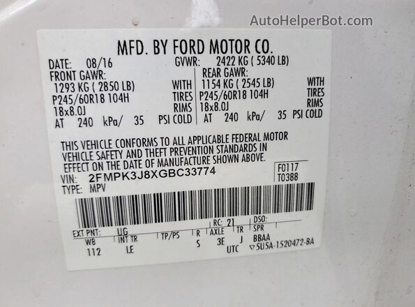 2FMPK3J8XGBC33774 2016 FORD EDGE White Vista del compartimento del motor