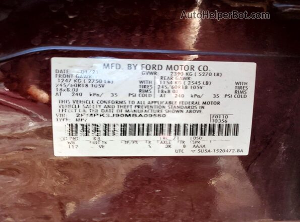 2FMPK3J90MBA09580 2021 FORD EDGE Burgundy Вид наклейки з VIN-кодом