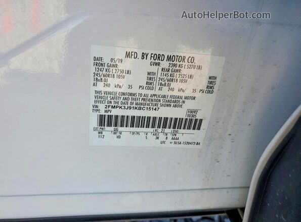 2FMPK3J91KBC15147 2019 FORD EDGE White Vista de la etiqueta del VIN