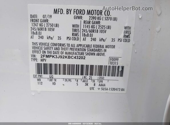 2FMPK3J92KBC43202 2019 FORD EDGE Белый 