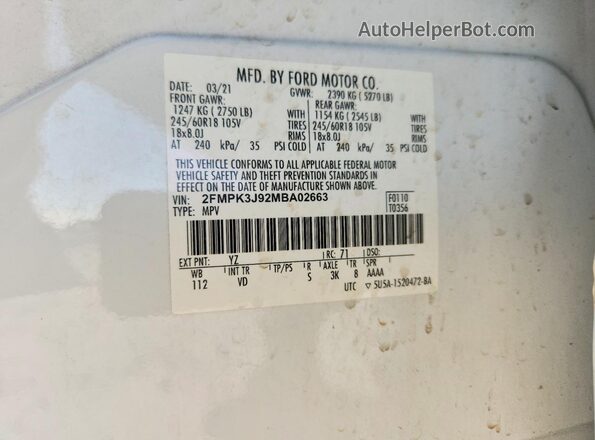 2FMPK3J92MBA02663 2021 FORD EDGE White VIN კოდის სტიკერის ხედი