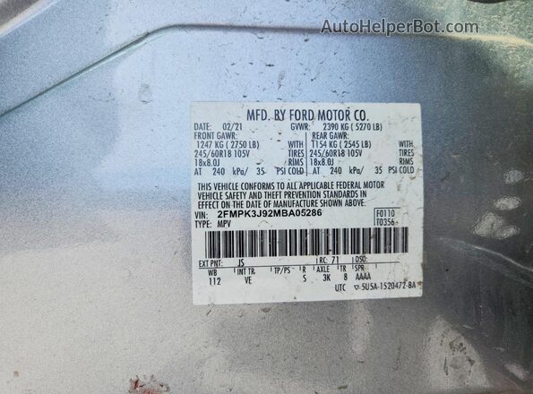 2FMPK3J92MBA05286 2021 FORD EDGE Silver VIN sticker view