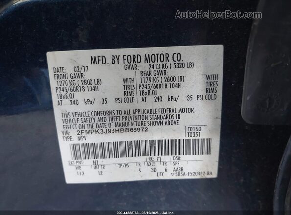2FMPK3J93HBB68972 2017 FORD EDGE Blue Widok komory silnika