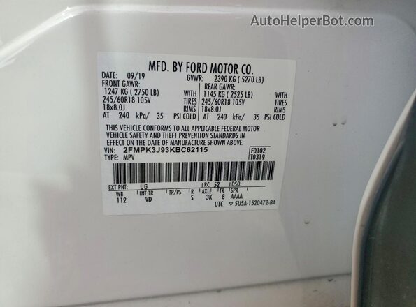 2FMPK3J93KBC62115 2019 FORD EDGE White 