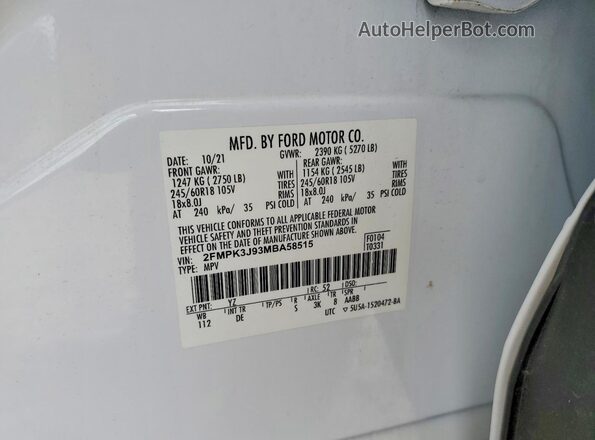 2FMPK3J93MBA58515 2021 FORD EDGE White სალონის 360-გრადუსიანი ხედი