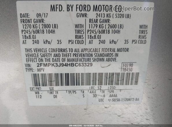 2FMPK3J94HBC63329 2017 FORD EDGE Gray ძრავის განყოფილების ხედი