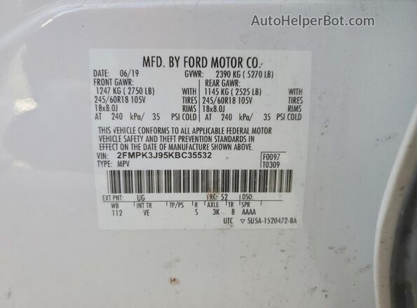 2FMPK3J95KBC35532 2019 FORD EDGE White 