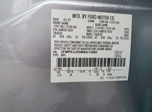 2FMPK3J95MBA13480 2021 FORD EDGE Silver VIN կոդի պիտակի տեսք