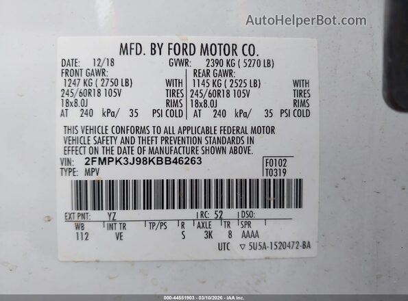 2FMPK3J98KBB46263 2019 FORD EDGE White 
